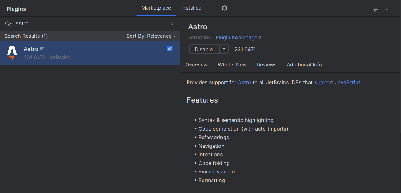 The plugins page with the Astro plugin