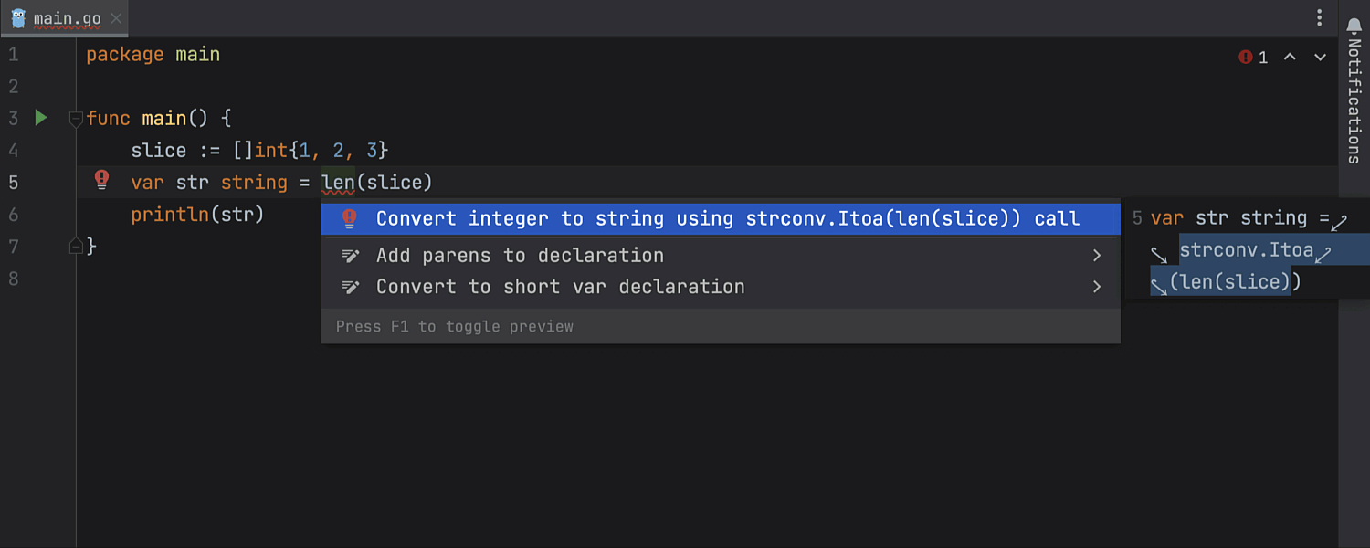 Using a new quick-fix to convert an integer to a string